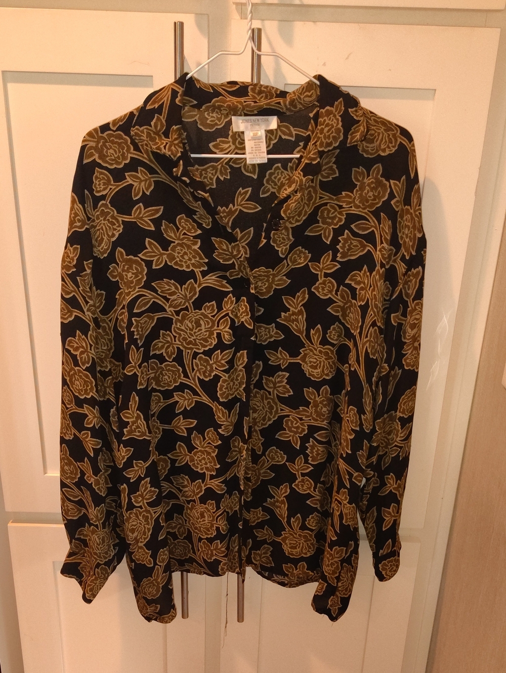 Worthington Black Floral Button-Down Blouse with Mustard Print